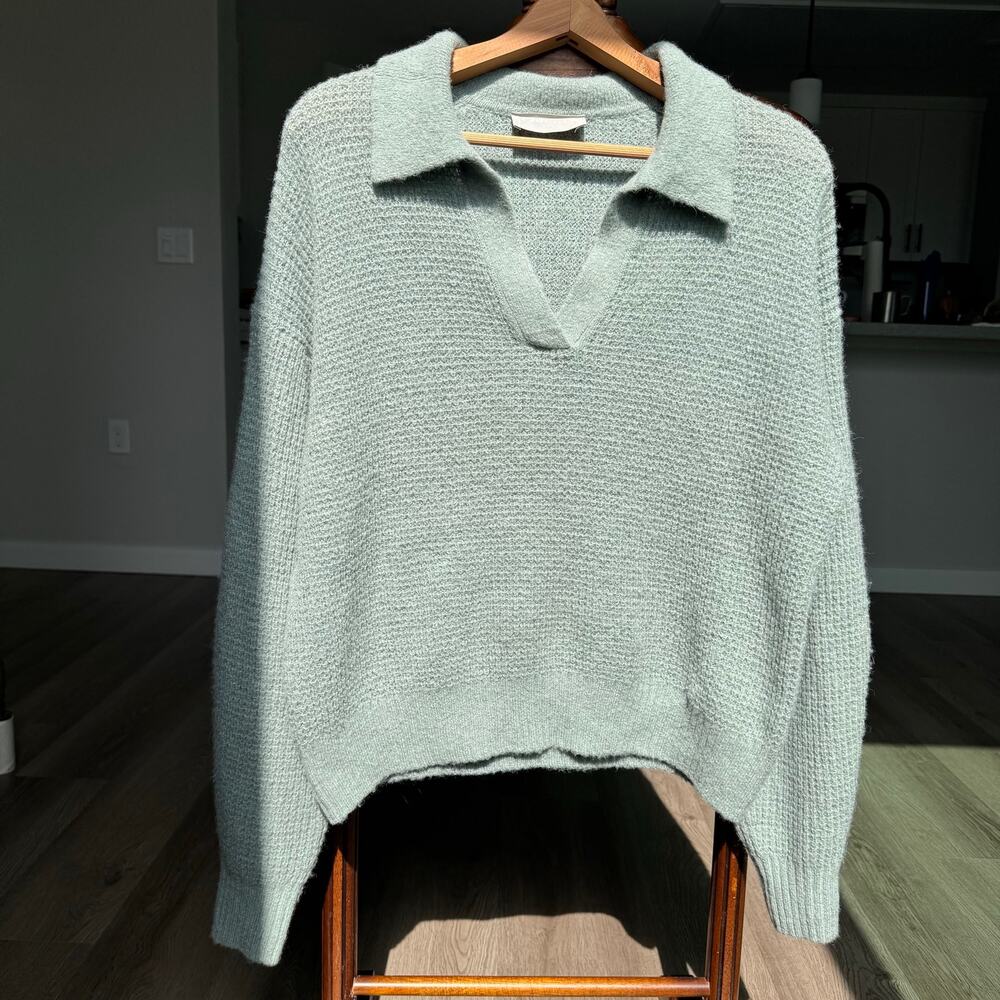 Everlane Alpaca Waffle Knit Polo Sweater Sage Green Cozy Collared Pullover S